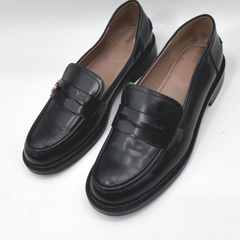 Sam Edelman Loraine Black Leather Penny Loafers Gold Logo Charm Womens Shoes - Picture 2 of 9